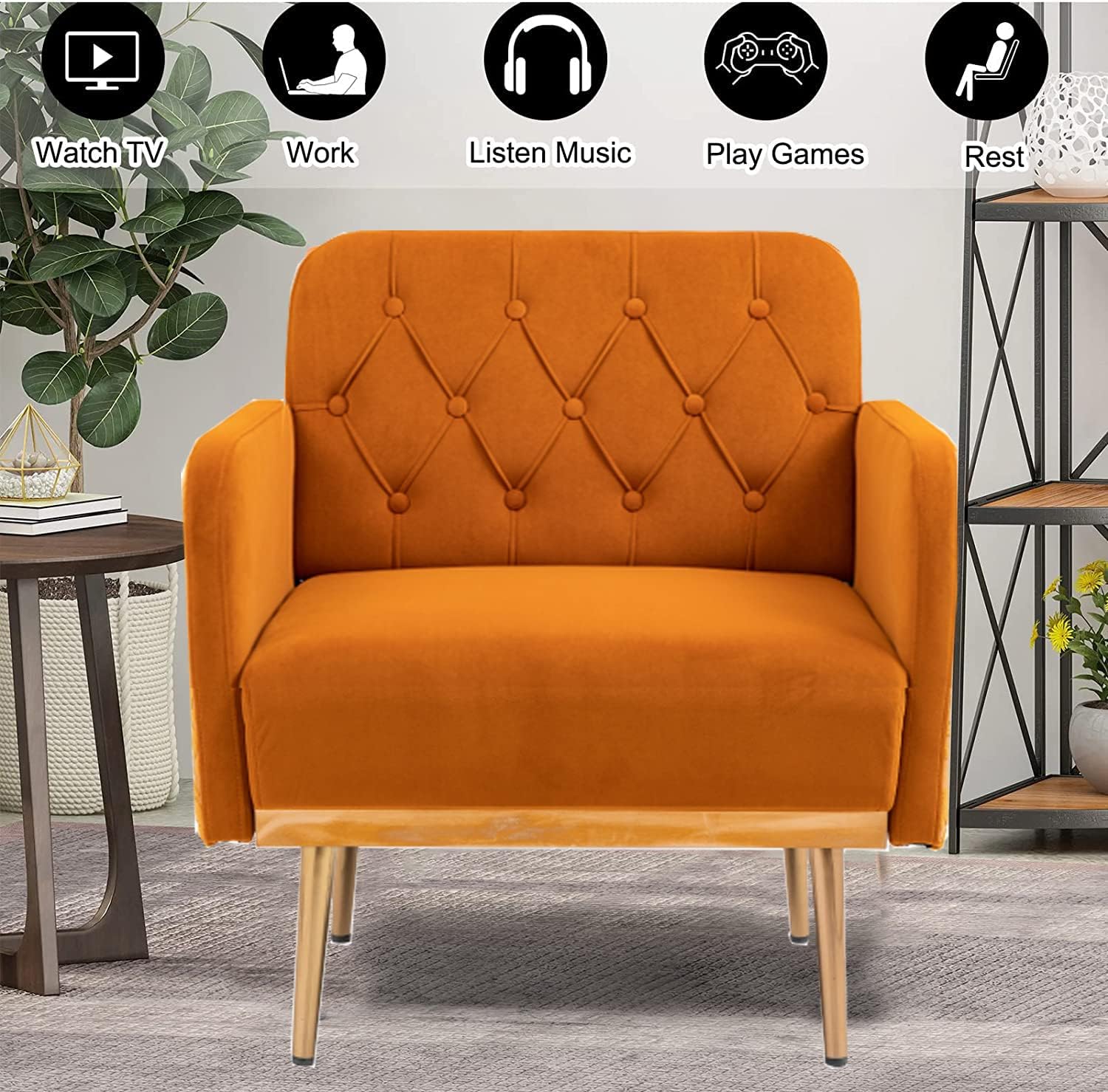 Velvet Tufted Accent Chair Comfort Living Room Lounge Armchair, Upholstered Sofa Chair with Rose Gold Metal Trim, Square Bedroom Chair Perfect for Relaxing for Bedroom Office Decorative
