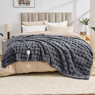 Heated Blanket Electric Throw Blanket 72''X 84''-Heating Blanket with 6 Heat Settings-4/10 Hours Auto Off,Cozy Faux Rabbit Fur Bubble Electric Blanket,Dark Gray