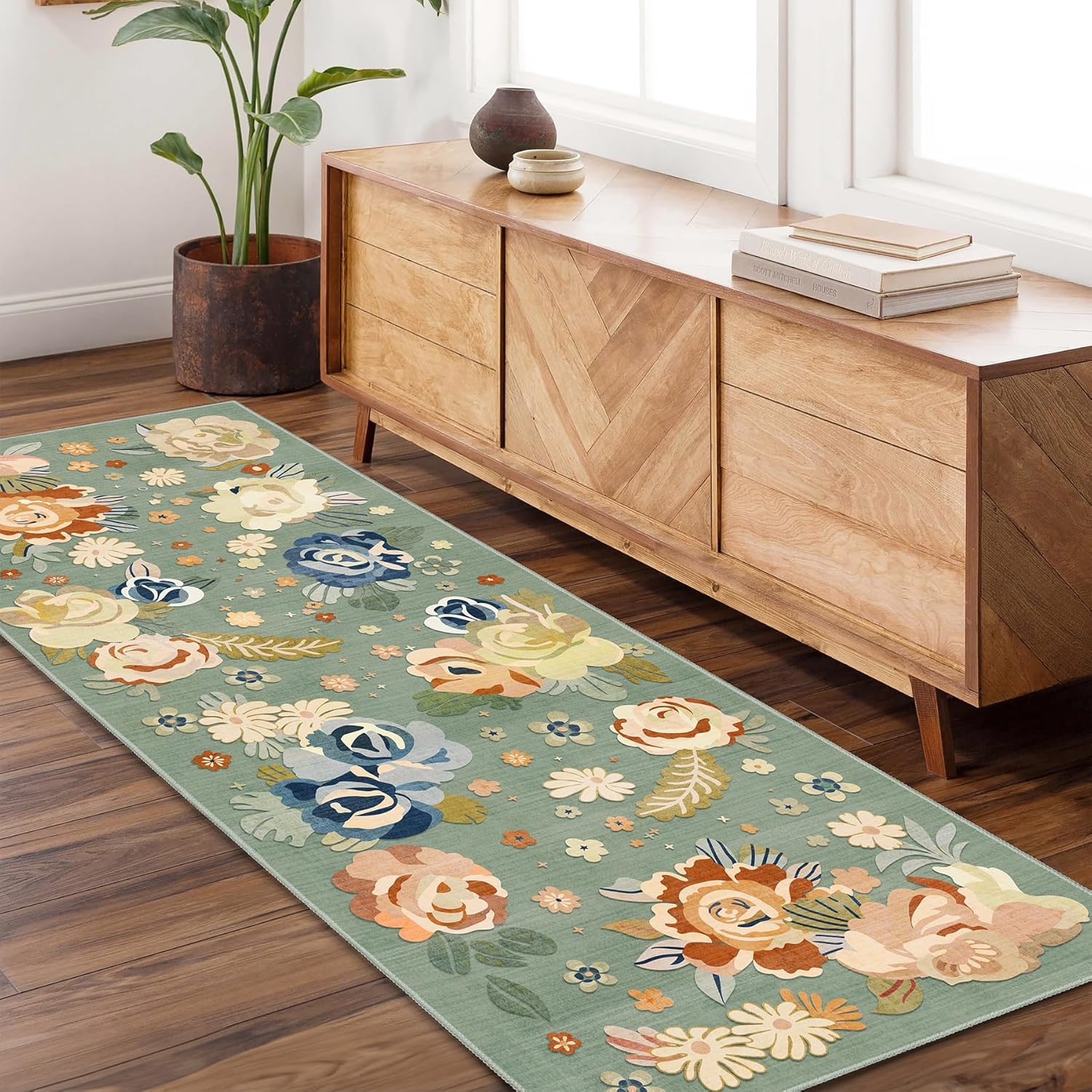 Washable Runner Rug 2x6,Green Floral Rug Runners Non Slip,Long Boho Rugs for Hallways Kitchen Bedroom Entryway Bathroom,Vintage Bohemian Distressed Oriental Floor Carpet