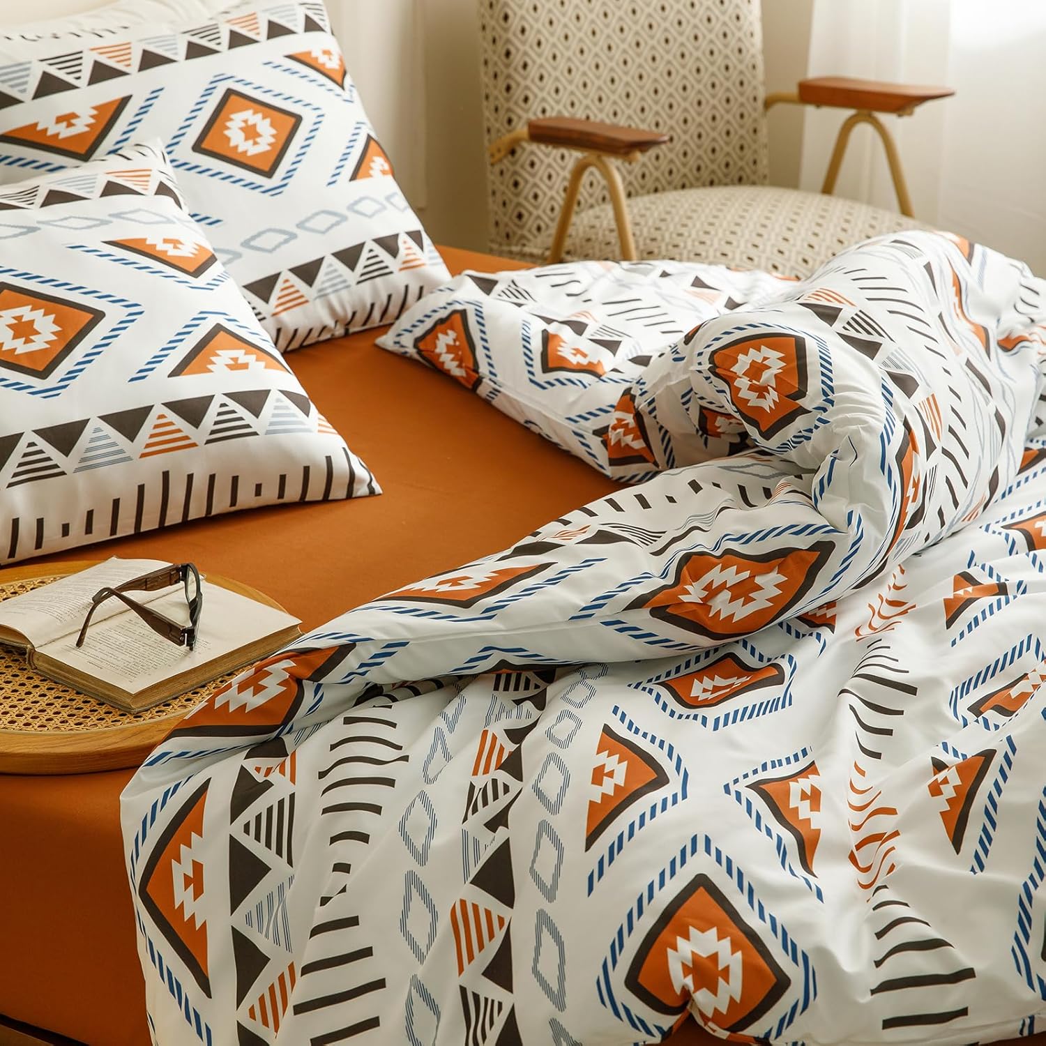 Houseri Orange and Brown Boho Comforter Set King Geometric Mocha Blue Diamonds Artistic Bedding Sets King Size Women Men Earth Tone Bohemian Triangle Farmhouse Retro Fashion Bed Quilt Blankets King