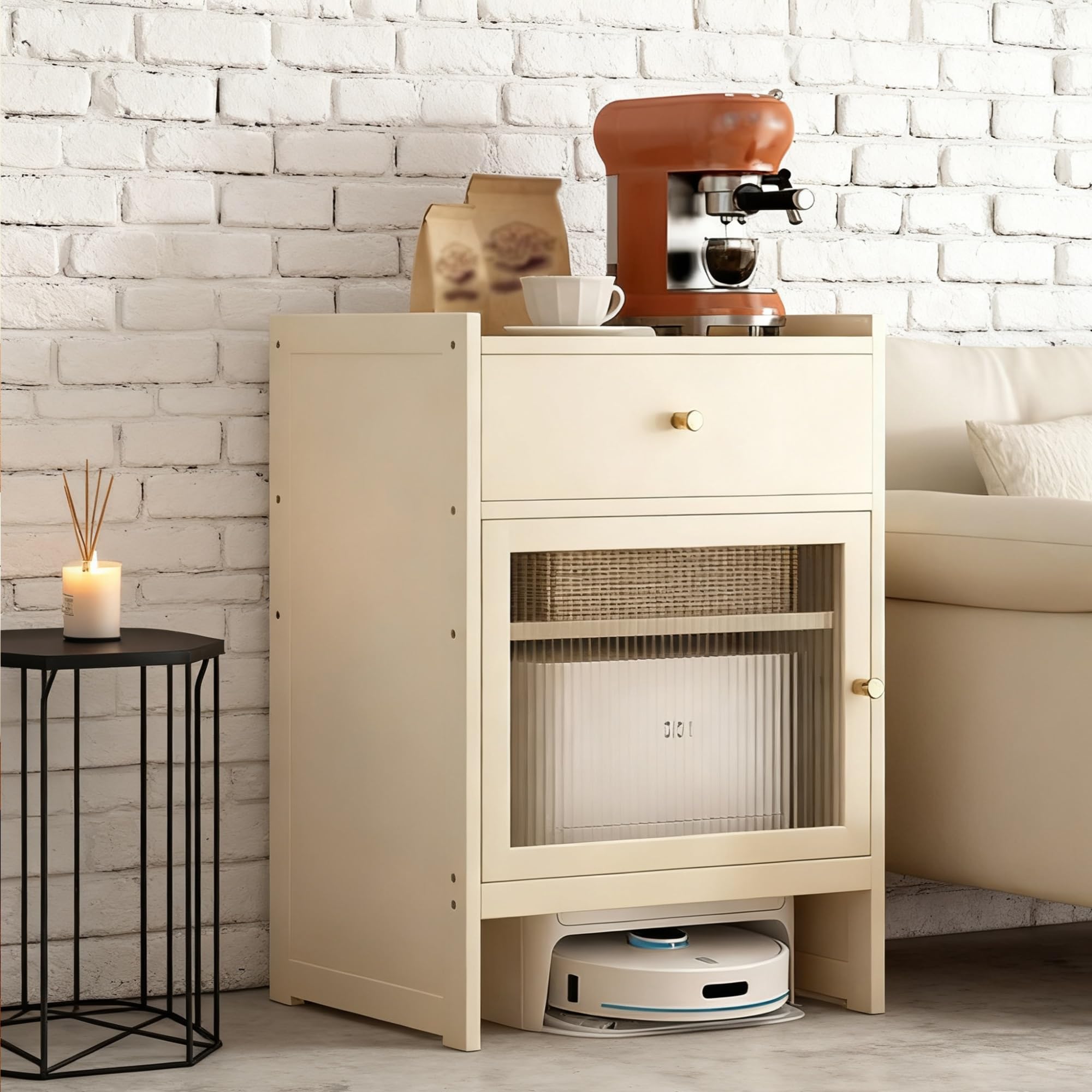 SXZenSpace White Vacuum Cabinet Robot Storage Side Table Modern Accent for Living Room Office & Entrance Space Saving Design Stylish Functional End