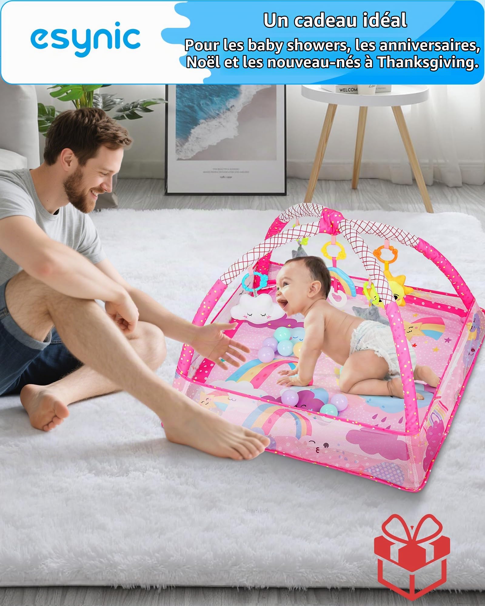 eSynic Tapis d'Éveil Bébé 77x77cm avec Arche Jouet Amovible Âgés 0-18 Mois | Clôture en Maille Respirante, Jouets Suspendus, Balles Océanique, Lavable Facile, Montage Rapide, Développement des Sens Bébé