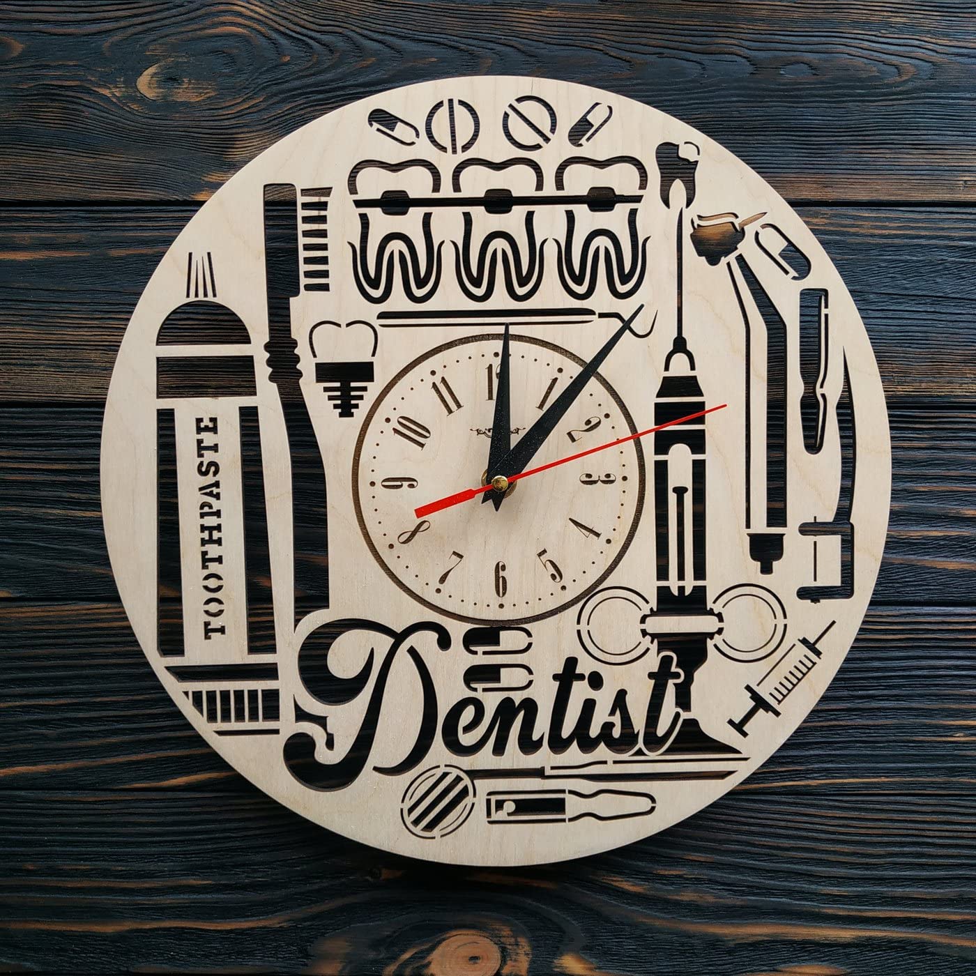 Large Dentist Wall Clock 12" 16" 18" Battery Operated – Best Dental Gift for Him and Her – Silent Large Clocks Made of Wood – Unique Wall Art for Home – Non-Ticking