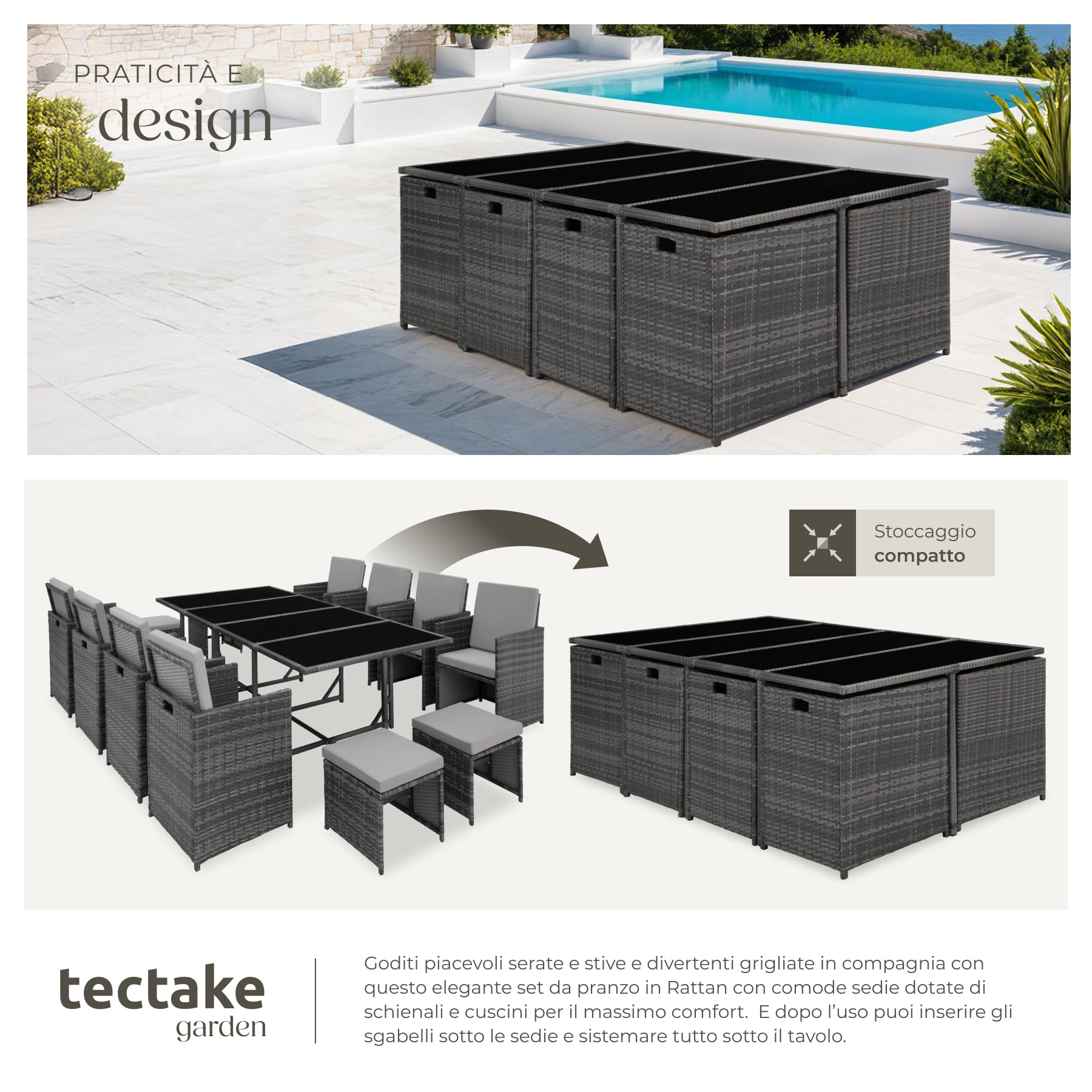 tectake Set Giardino Rattan 8 Sedie 4 Sgabelli Tavolo Vetro Temperato Acciaio Grigio