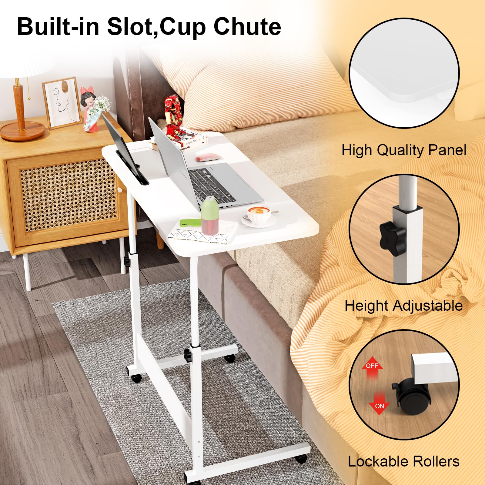 Table De Lit Roulette Réglable En Hauteur 80x40cm - Bureau Ordinateur Mobile Blanc