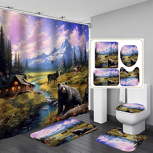 Jayden Madge - Juego de 4 cortinas de ducha de oso negro, decoración de baño de granja, montaña, río, pino, bosque, malardo, pato, ciervo, alce,
