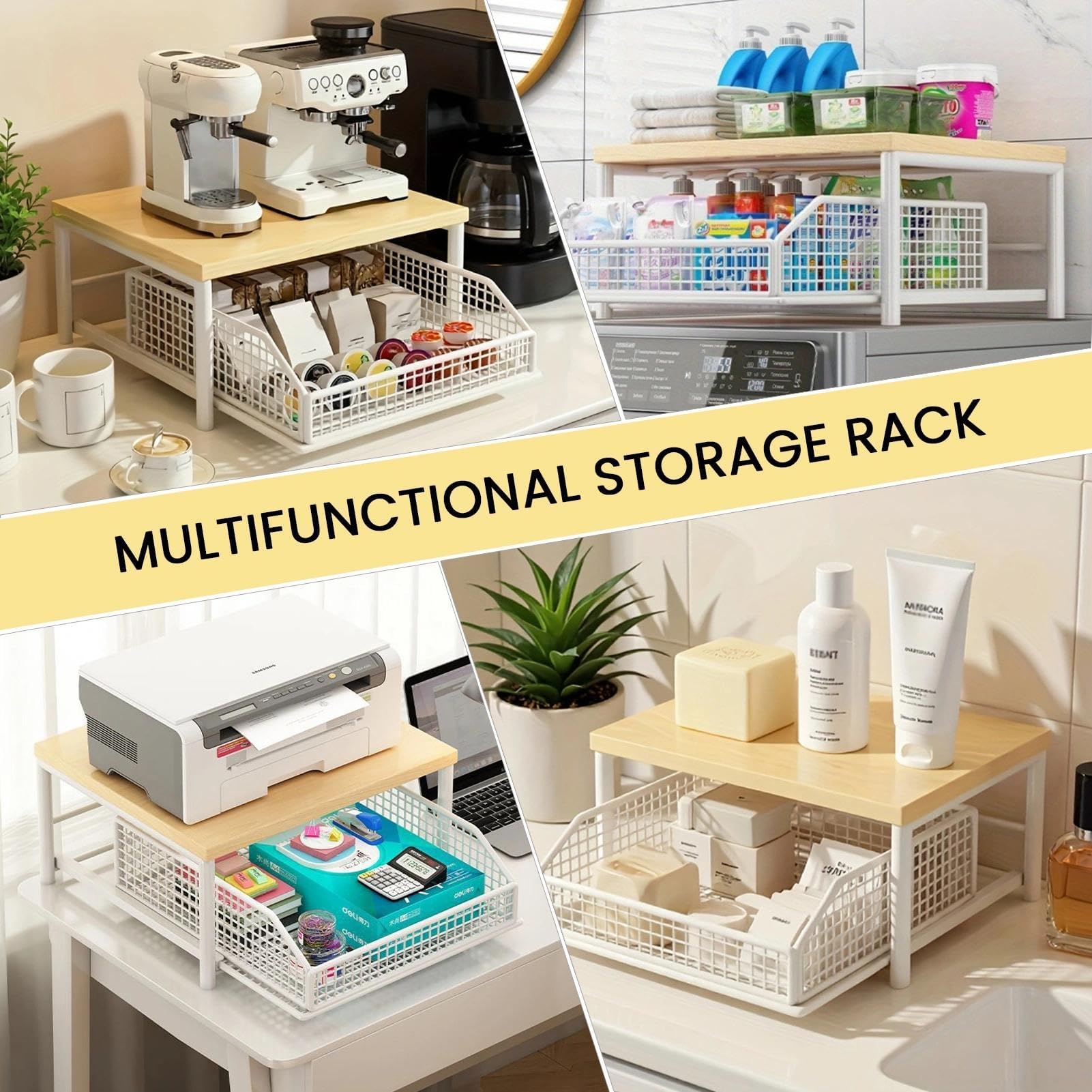 Küchen-Arbeitsplatten-Organizer, 2-stöckiger Mikrowellenständer, Kaffeekapsel-Schubladenhalter, Küchen-Arbeitsplatten-Organizer Mit Drahtkorb Und Kleinem Gewürzregal(Black)