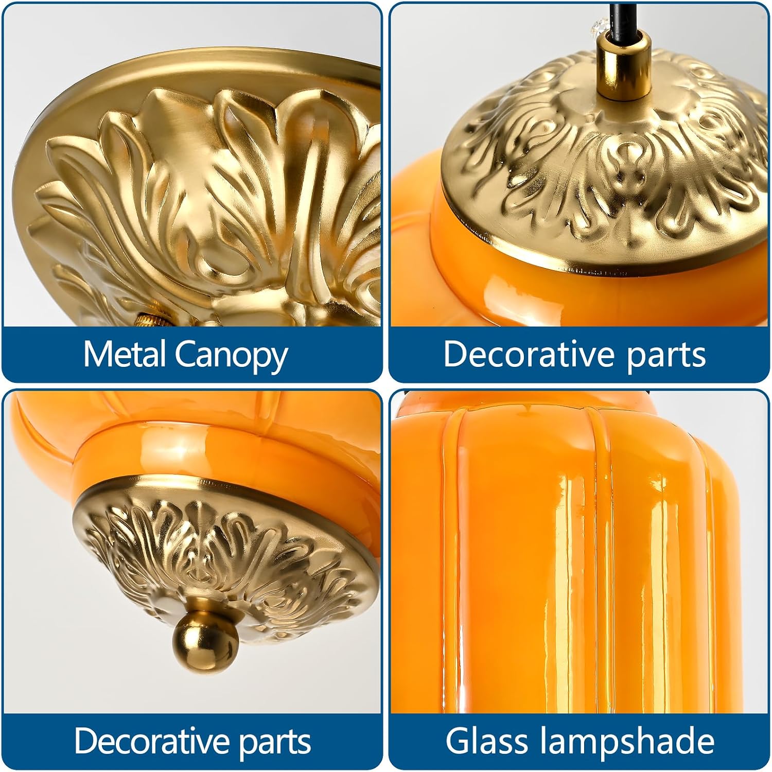 Dalouguan Vintage Yellow Glass Pendant Light, 5.5 Inch Cylindrical Lantern with Brass Accents, Kitchen Island Hanging Lamp for Bedroom Dining Room Hallway