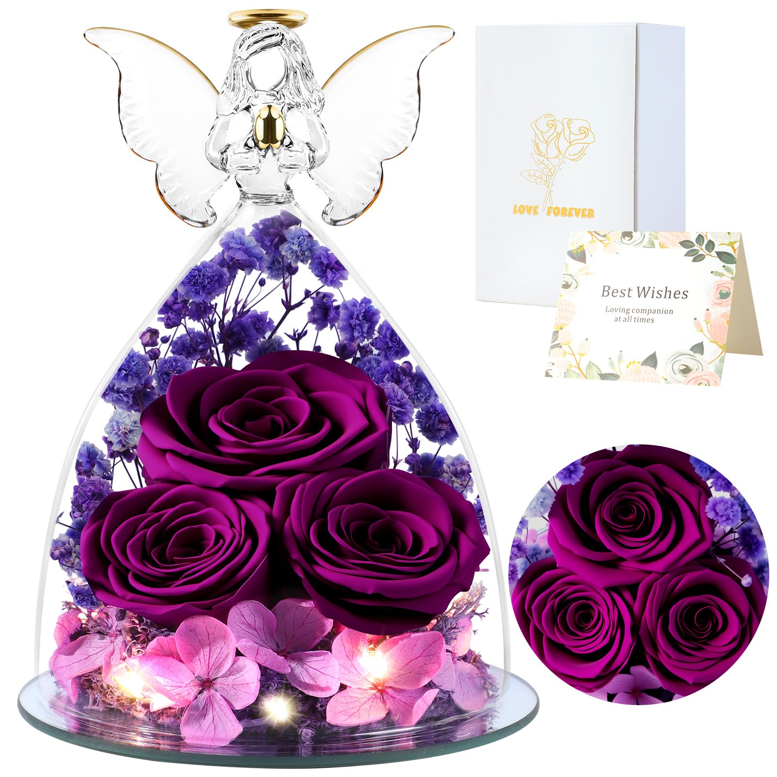 Cadeaux de Roses Eternelles pour Femmes, Cadeau Femme Roses Préservées dans des Figurines d'ange en Verre, Anges de Fleurs pour Maman Grand-mère, Epouse, Sœur, Petite Amie (Violet)