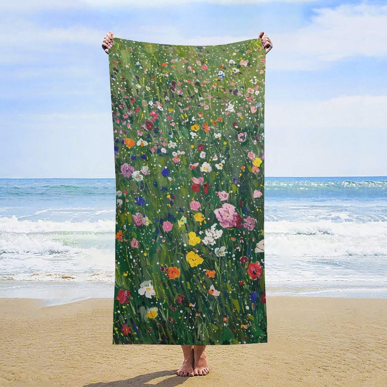 NTVOWPZO A Field of Wild Flowers Beach Towel Oversized Microfiber Bath Towels Lightweight Sand Proof Beach Towels Absorbent Pool Towels for Swimming Yoga Bathroom Towel 31.5" X 63"