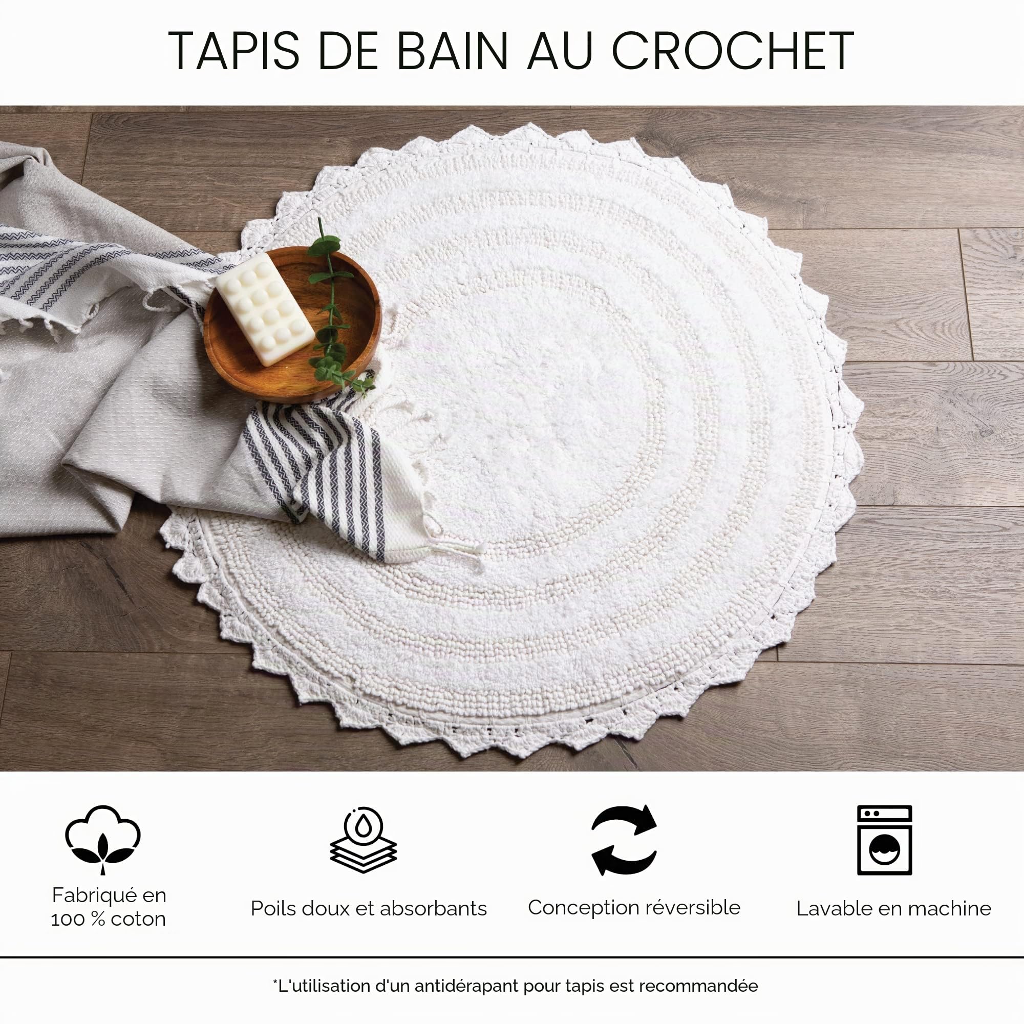 DII Collection Crochet - Tapis de Bain réversible, Grand Ovale, 53,3 x 86,4 cm, Blanc cassé