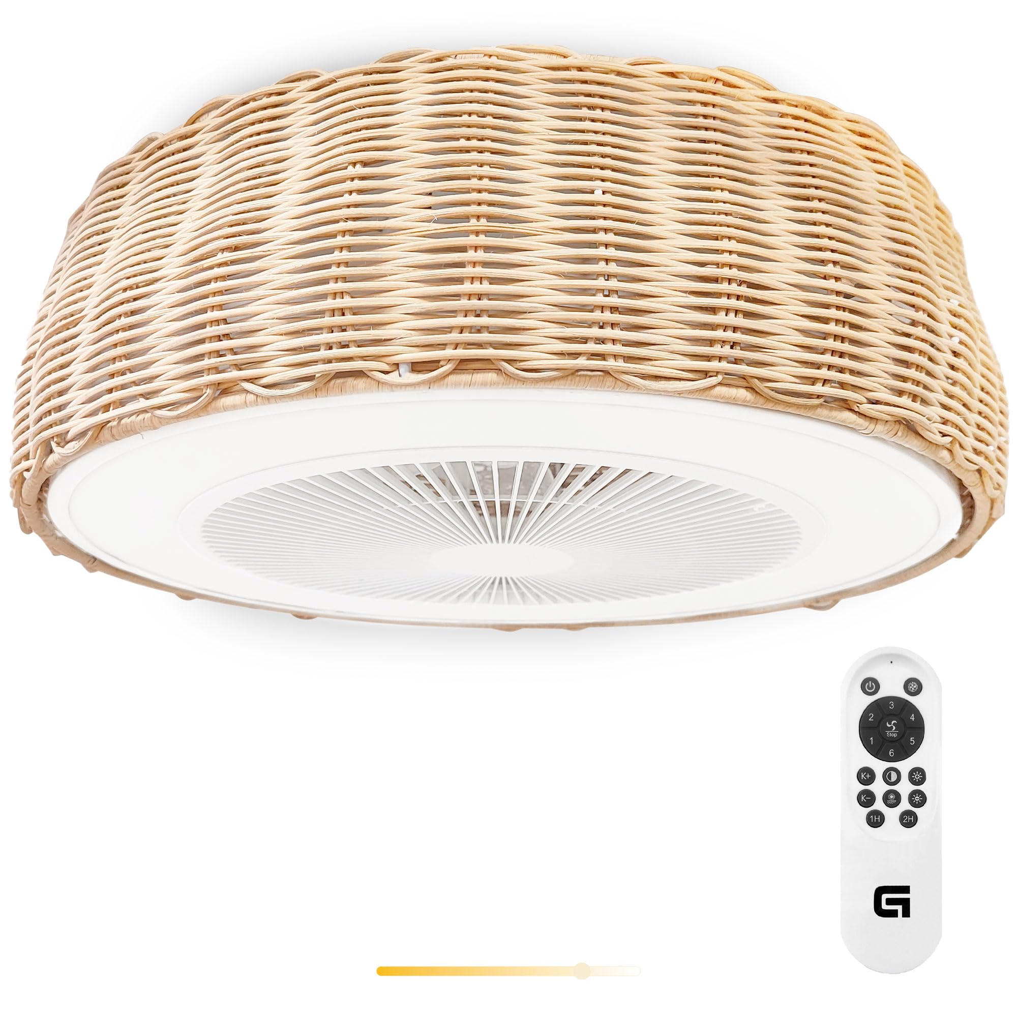 Grunkel Ventilador de Techo SKYWIND-20M con Luz LED, 50 cm, 6 Velocidades, Mando a Distancia, Diseño Ratán, Blanco
