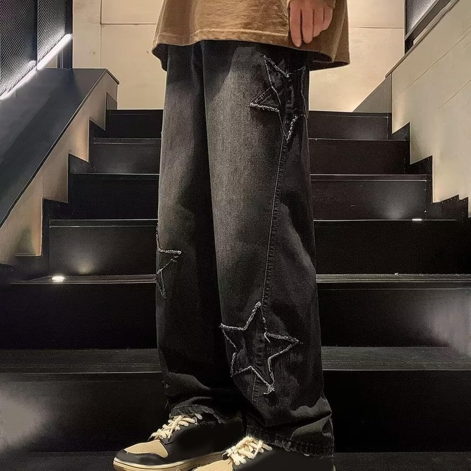 Cambkatl Men's Baggy Stars Graphic Jeans Wide Leg Casual Loose Fit Streetwear Denim Pants with Pockets