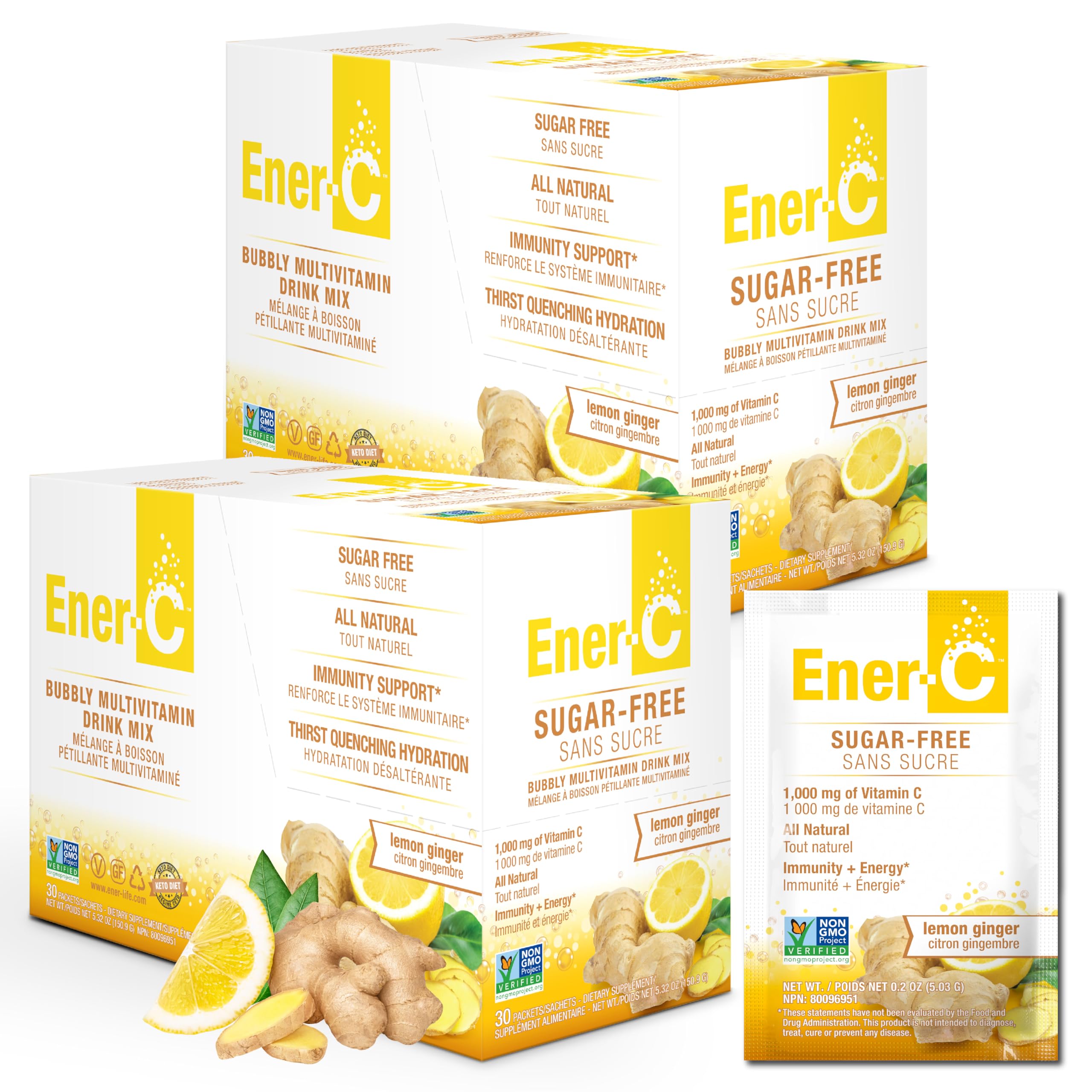 Ener-C Sugar Free Energy Lemon Ginger Multivitamin Drink Mix Vitamin C 1000mg & Electrolytes - Natural Immunity Support with Real Fruit Juice Powders - Non-GMO Vegan & Gluten Free - 60 Count