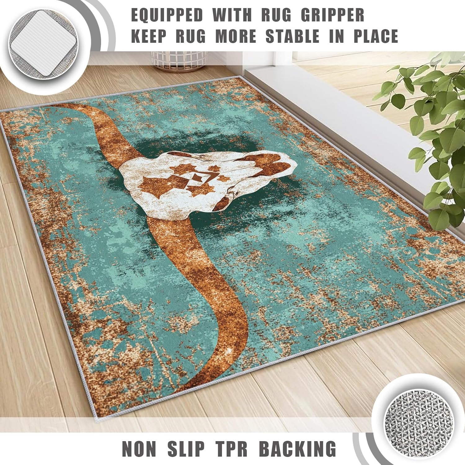 Cowhead Bone Rug, Washable Teal Brown Area Rugs 3x5 - Vintage Tribal Native American Carpet, Bedroom, Living Room, Home Decor, Soft, Non Slip, Non Shedding