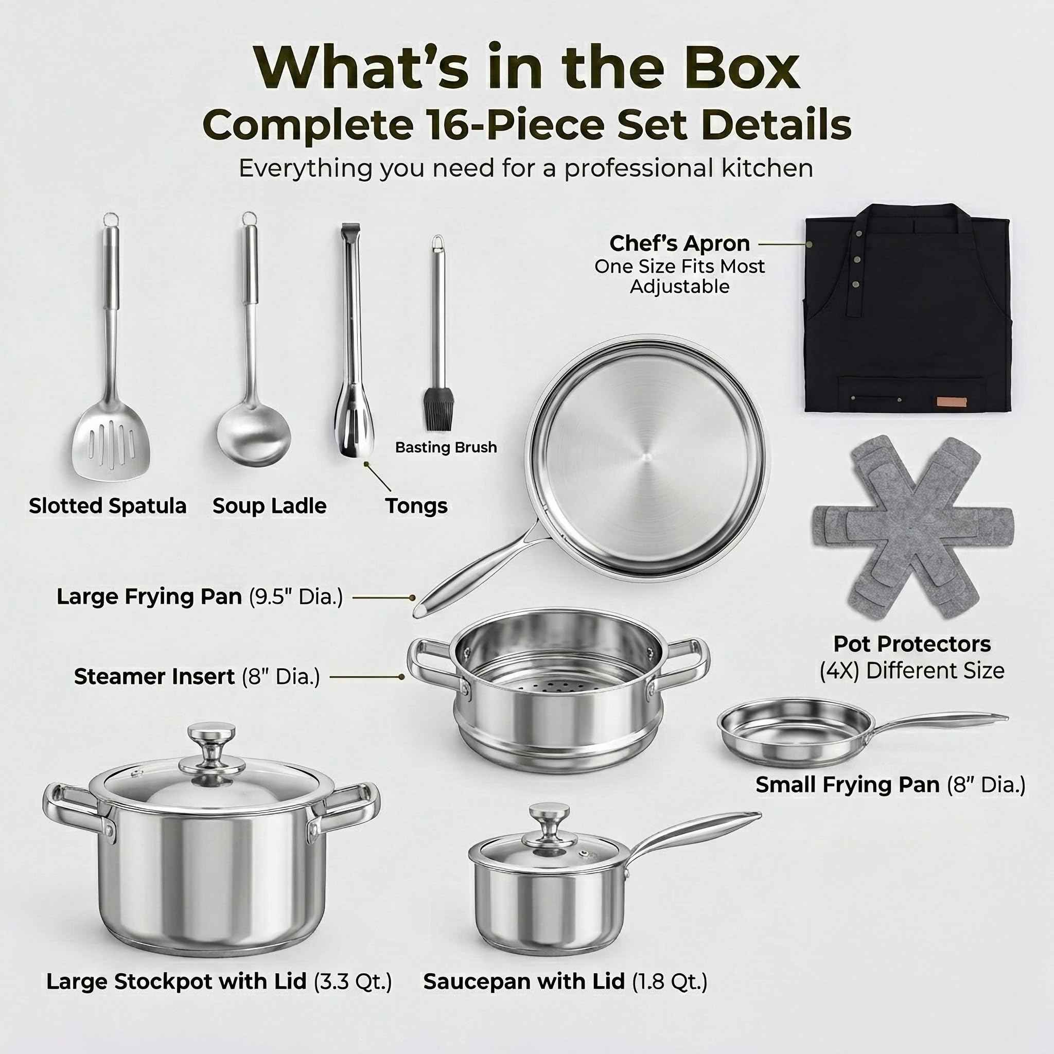 Juego de utensilios de cocina de acero inoxidable, 16 piezas