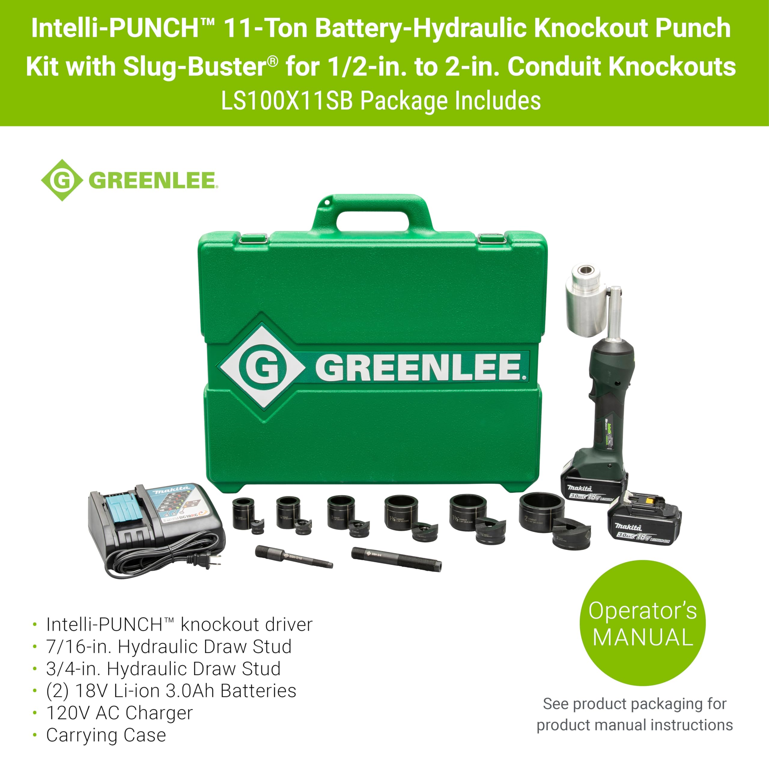 Greenlee LS100X11SB Intelli-PUNCH 11-Ton Battery-Hydraulic Knockout Punch Kit with Slug-Buster, 1/2