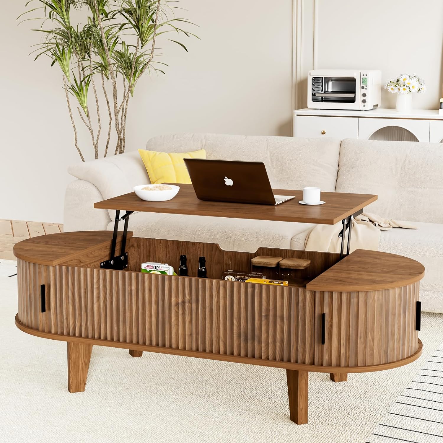 47.2" Oval Coffee Table with Storage, Lift Top Coffee Table for Living Room, Modern Wood Fluted Center Table with 180° Sliding Tambour Door