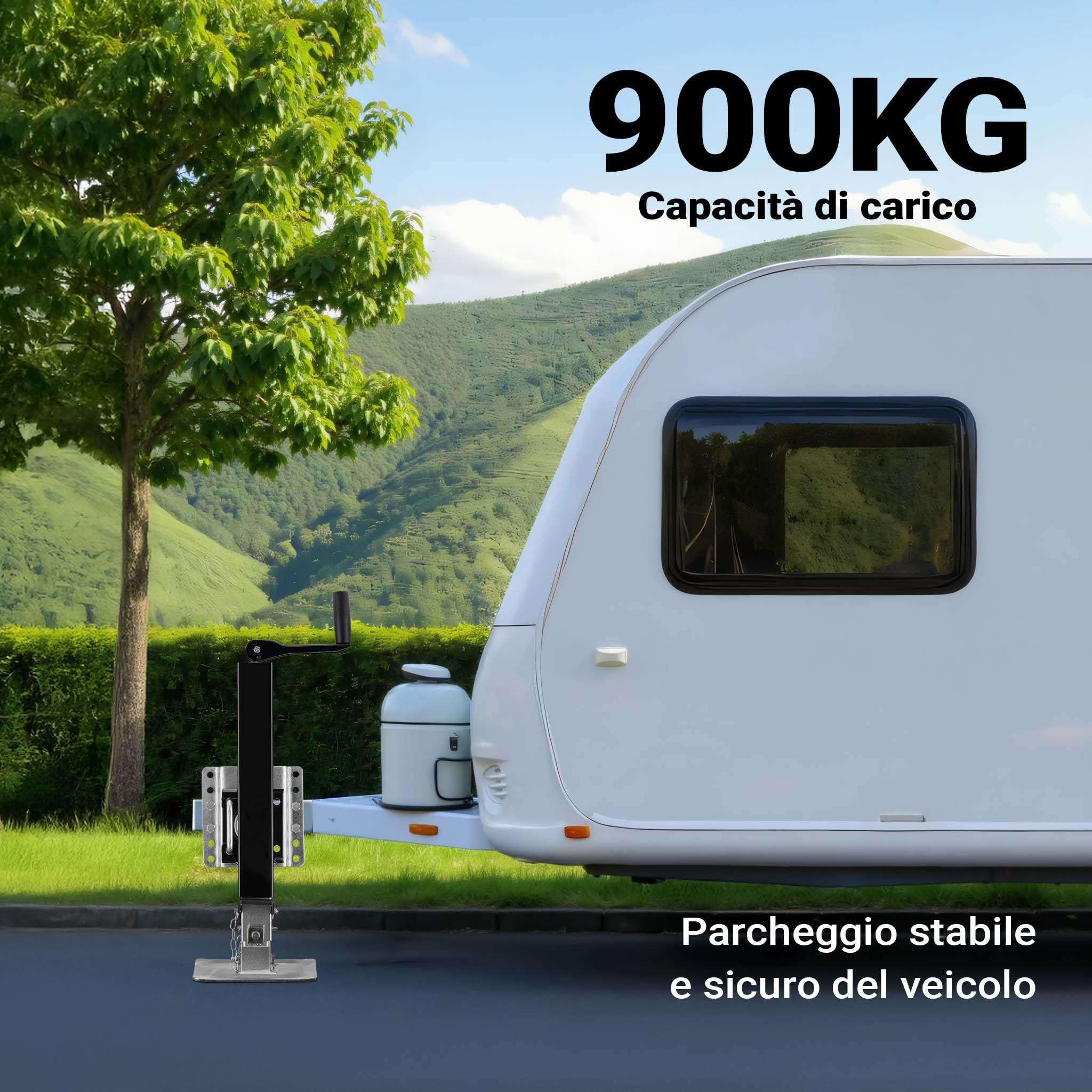 Wiltec Piede stabilizzatore per rimorchi roulotte, max 900 kg, regolabile in altezza con manovella, con pedale e perno di sicurezza