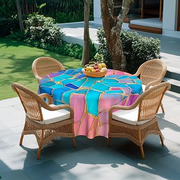 Colorful patchwork Round Tablecloth 60 Inch Durable Wipe-Clean Waterproof Table Cloth for Dining Table, Kitchen, Party, Wedding & Outdoor Use - Colorful patchwork