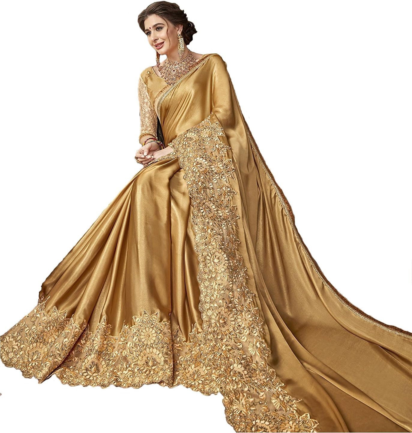 TRENDMALLS Women's Lycra Embroidery With Stone Work Saree with Unstitched Blouse