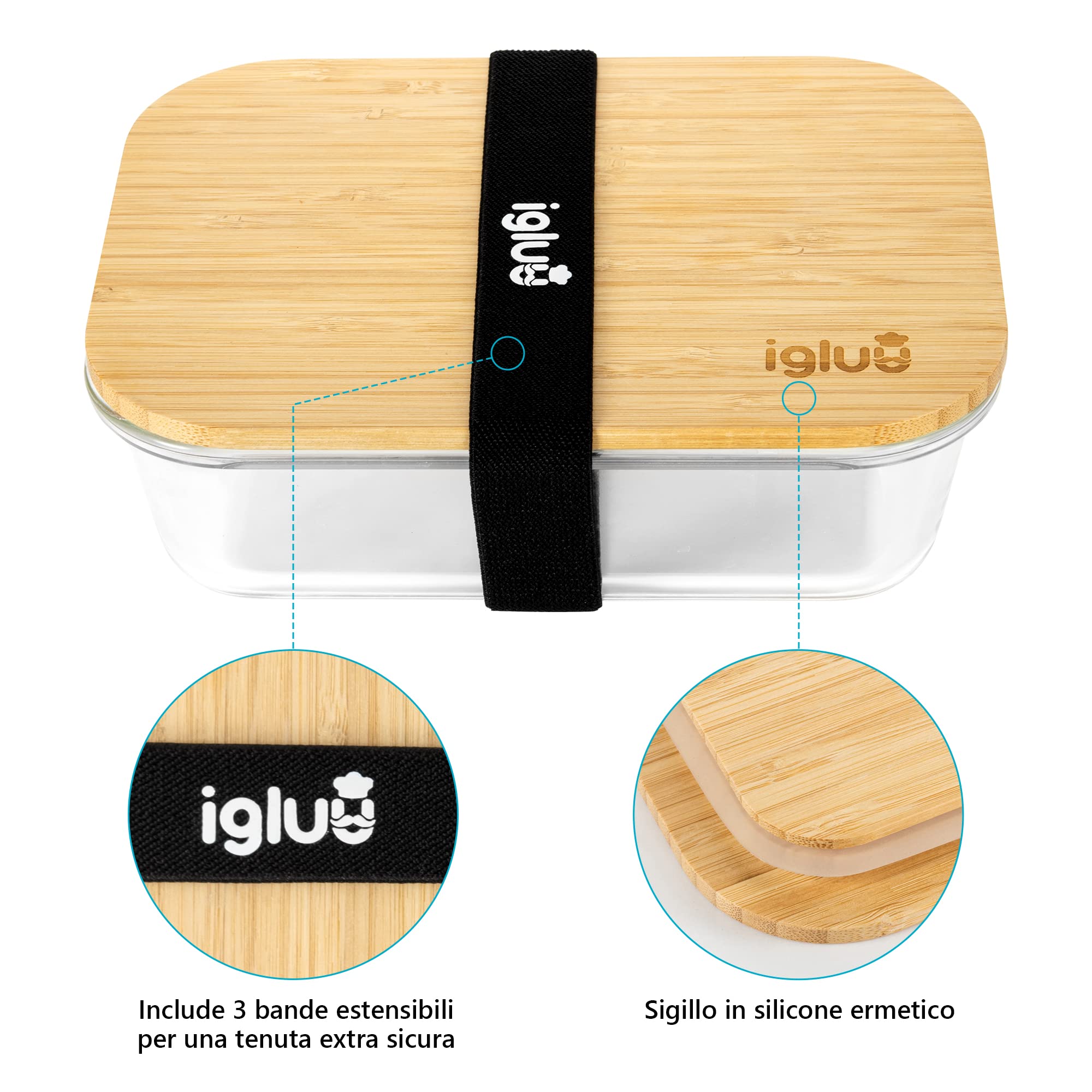 Igluu Meal Prep Contenitori Vetro per Alimenti (Set da 3) Coperchi in Bambù | Senza BPA – Adatti a Forno, Friggitrice ad Aria, Microonde, Freezer e Lavastoviglie – 370/640/1050ml – Borosilicato