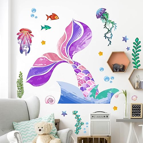 Miniatura 6 de LiveGallery Adhesivo de pared extraíble en 3D bajo el mar, arco iris, colorido, cola de sirena, calcomanía de pared, bricolaje, peces marinos,