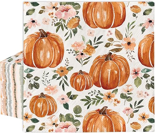 AnyDesign Paquete de 80 servilletas de papel de calabaza de otoño, servilletas desechables de otoño para almuerzo, servilletas bohemias florales de