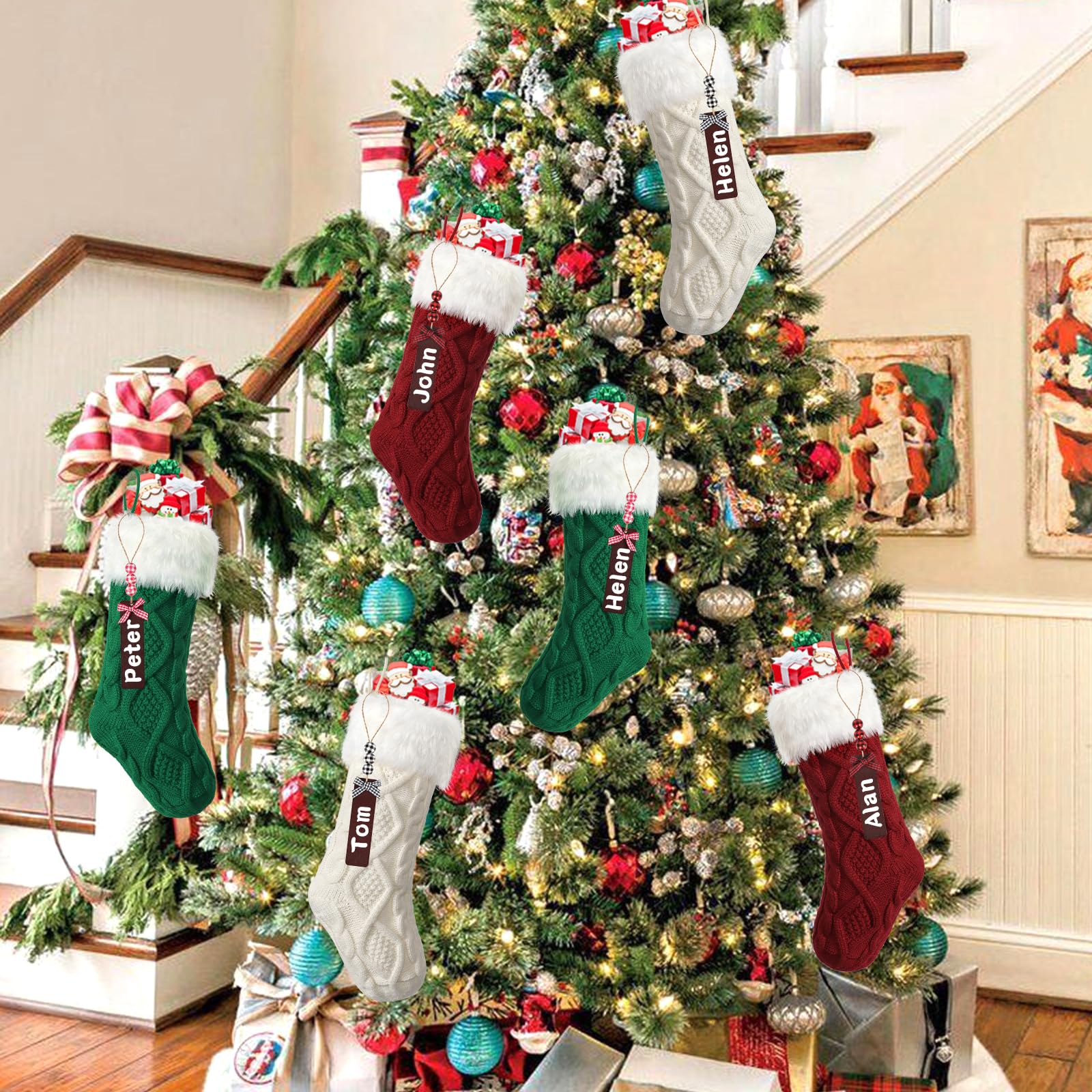 Lot de 6 Chaussettes de Noël tricotées en Laine avec étiquettes Nominatives Chaussettes de Noël Décoratives pour Fête de Noël Décorations de Noël et Cadeaux pour Enfants