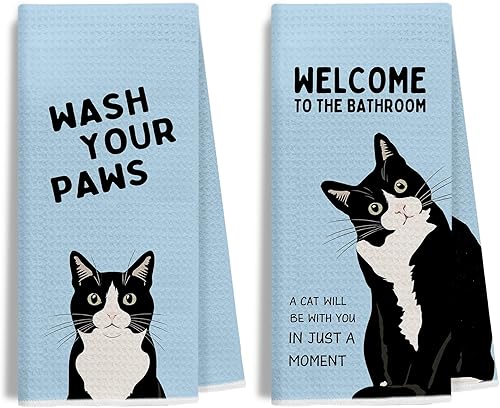 Miniatura 8 de Juego de 2 toallas de mano de baño con esmoquin verde retro, decoración de baño de gato, toallas de mano de gatito blanco y negro para baño, 16 x 24