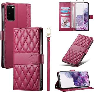 Argyle Wallet Case for Samsung Galaxy S20 5G 6.2 inch with Tempered Glass Screen Protector Card Holder Slots Folio Purse Stand Cell Accessories Phone Cover S 20 20S UW S2O G5 Women Wine Red
