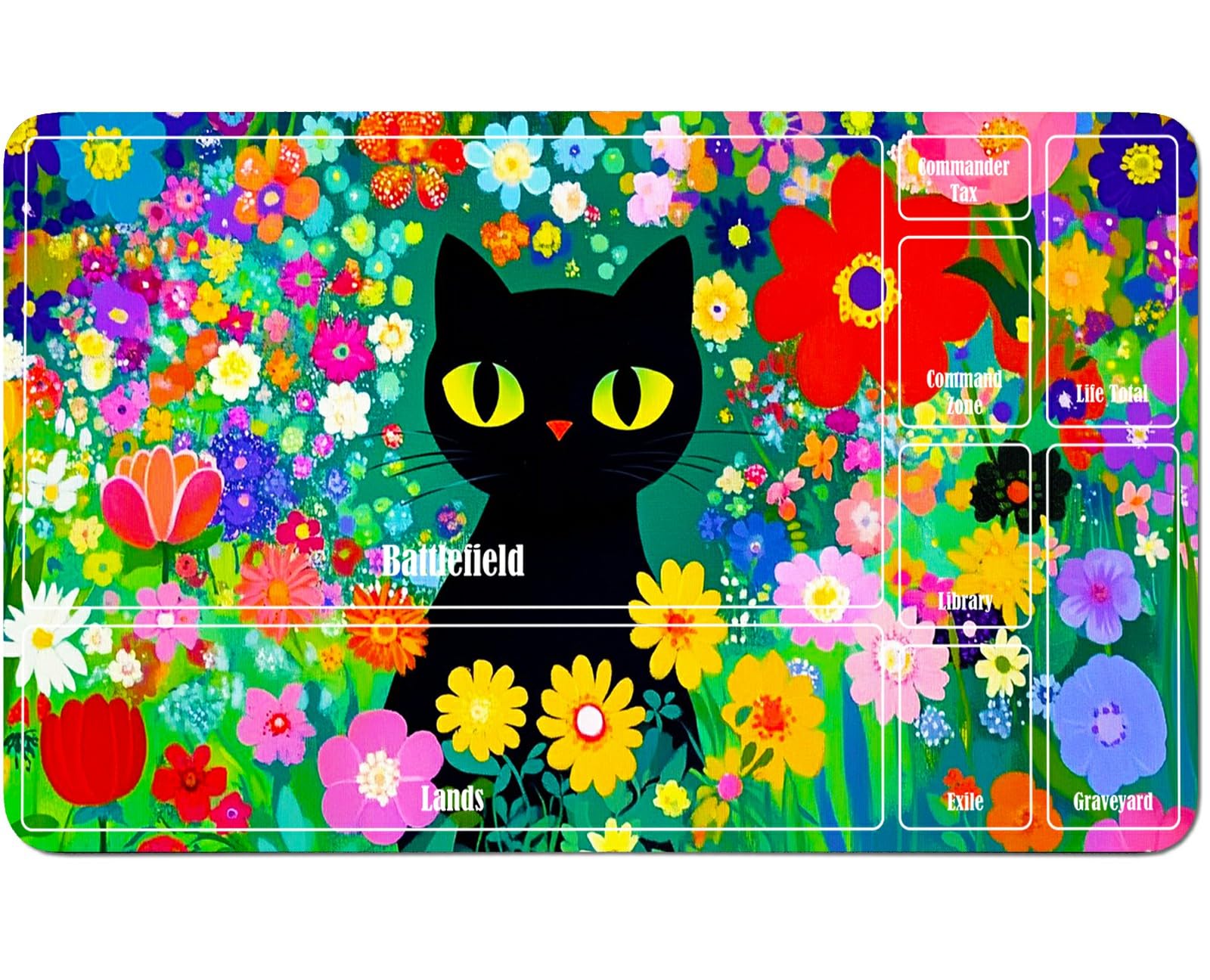 RWUTYTIUL for MTG Card Playmat 24 X 14 Inch with A Zone, Stitched Play Mat for Commander Board TCG RPG CCG Game Desktop Tablet Mouse Pad for Playing Accessories, Flower Black Cat