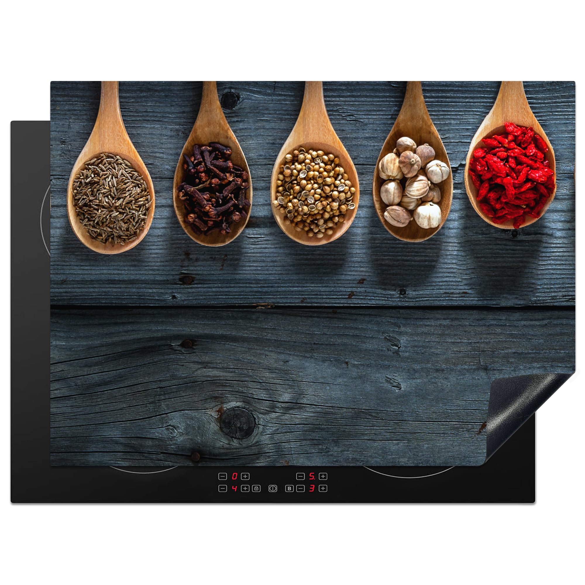 KitchenYeah© Induction Hob Protector Mat 20.5"x27.6" / 70x52 cm Stove Cap Top Cover Kitchen Cooker Covers for Electric Hobs Vinyl Herbs - Spoons - Wood - Kitchen - Spices - Industrial — image 1