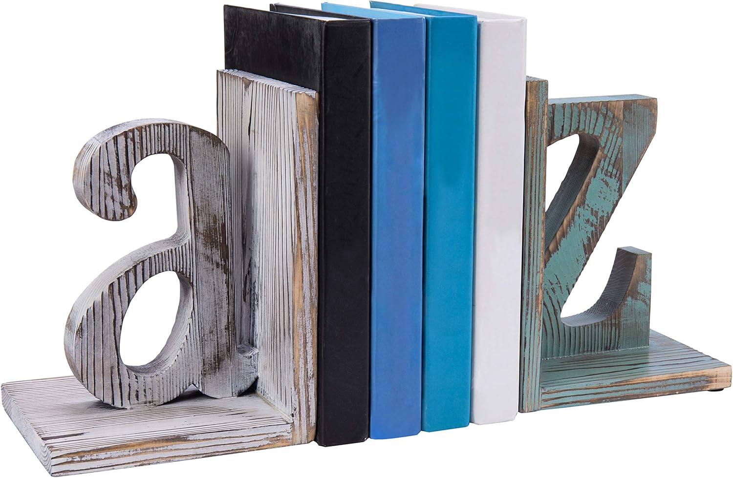 MyGift Vintage Wood Desktop Bookends with Decorative White and Blue Alphabet A and Z Design, Home Office Desk Decor MyGift Vintage Wood Desktop Bookends with Decorative White and Blue Alphabet A and Z Design, Home Office Desk Decor