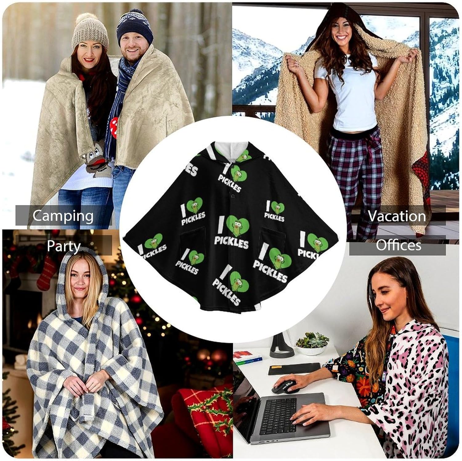I Love Pickles Wearable Blanket with Hooded Flannel Blankets Cape with Pocket