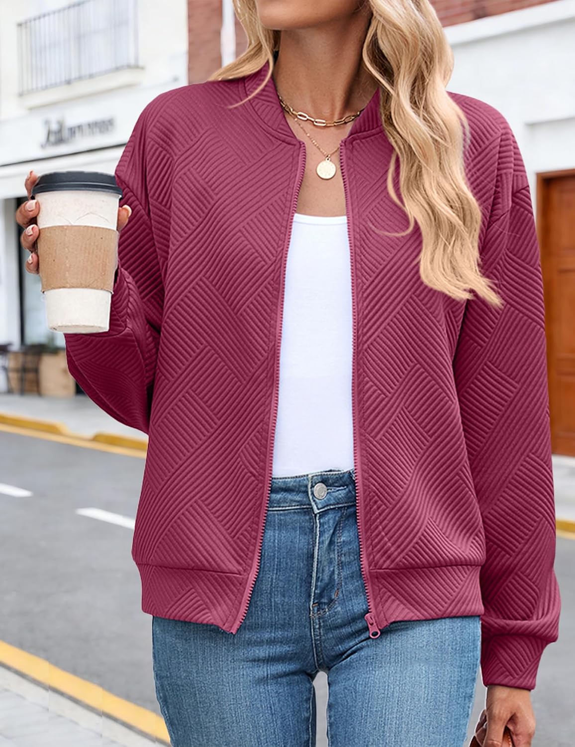 Schine Women's Lightweight Textured Bomber Jacket Casual Loose Fit Zip Up Crew Neck Long Sleeve Soft Outerwear for Daily Wear