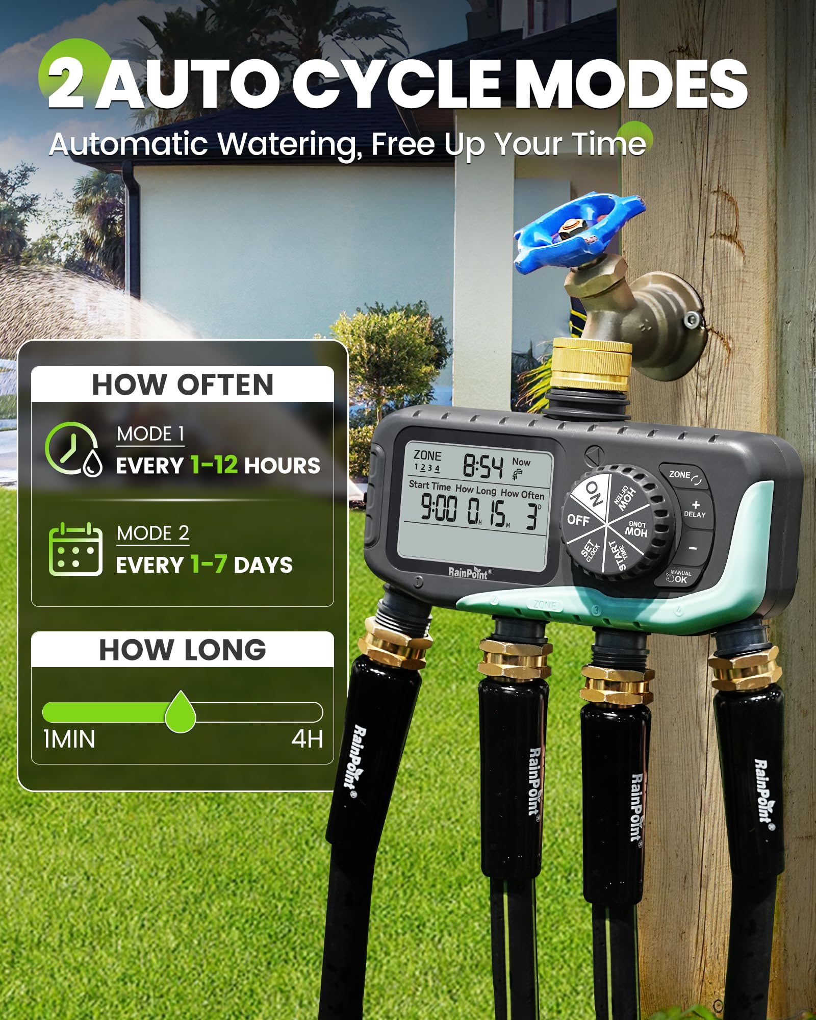 RAINPOINT 4-Zonen-Wasser-Timer, Messingeinlass, IP65 Wasserdicht Automatisch Programmierbar Bewässerungsschlauch Sprinkler Timer mit Regenverzögerung/Manuelle Steuerung, für Garten Rasen Bewässerung