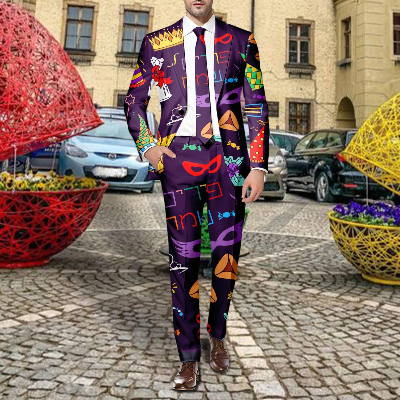 Herren Lustiger Masken Anzug Prom Suits FaschingskostüMe Mit Bunten Drucken 60Er Jahre Pop Art Style Outfit Party Jacke Und Hose Karneval Mottoparty Mardi Gras Sakkos