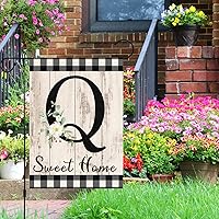 Vista 2 de Bandera de jardín con inicial de letra Q con monograma de 12 x 18 pulgadas, arpillera de doble cara, pequeña vertical de bienvenida con apellido