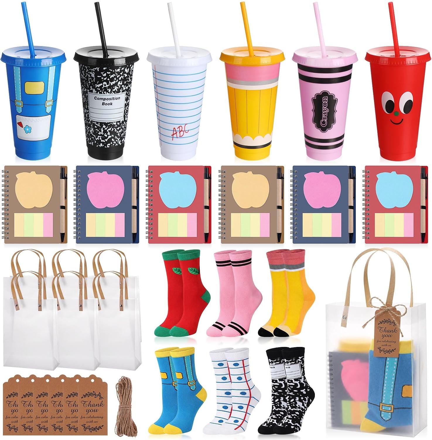 6 Set End of Year Teacher Appreciation Gifts Bulk Graduation Teacher Favors Set with Coffee Cups, Writing Books, Funny Socks, Gift Bags for Classroom Office Back to School Party Decorations