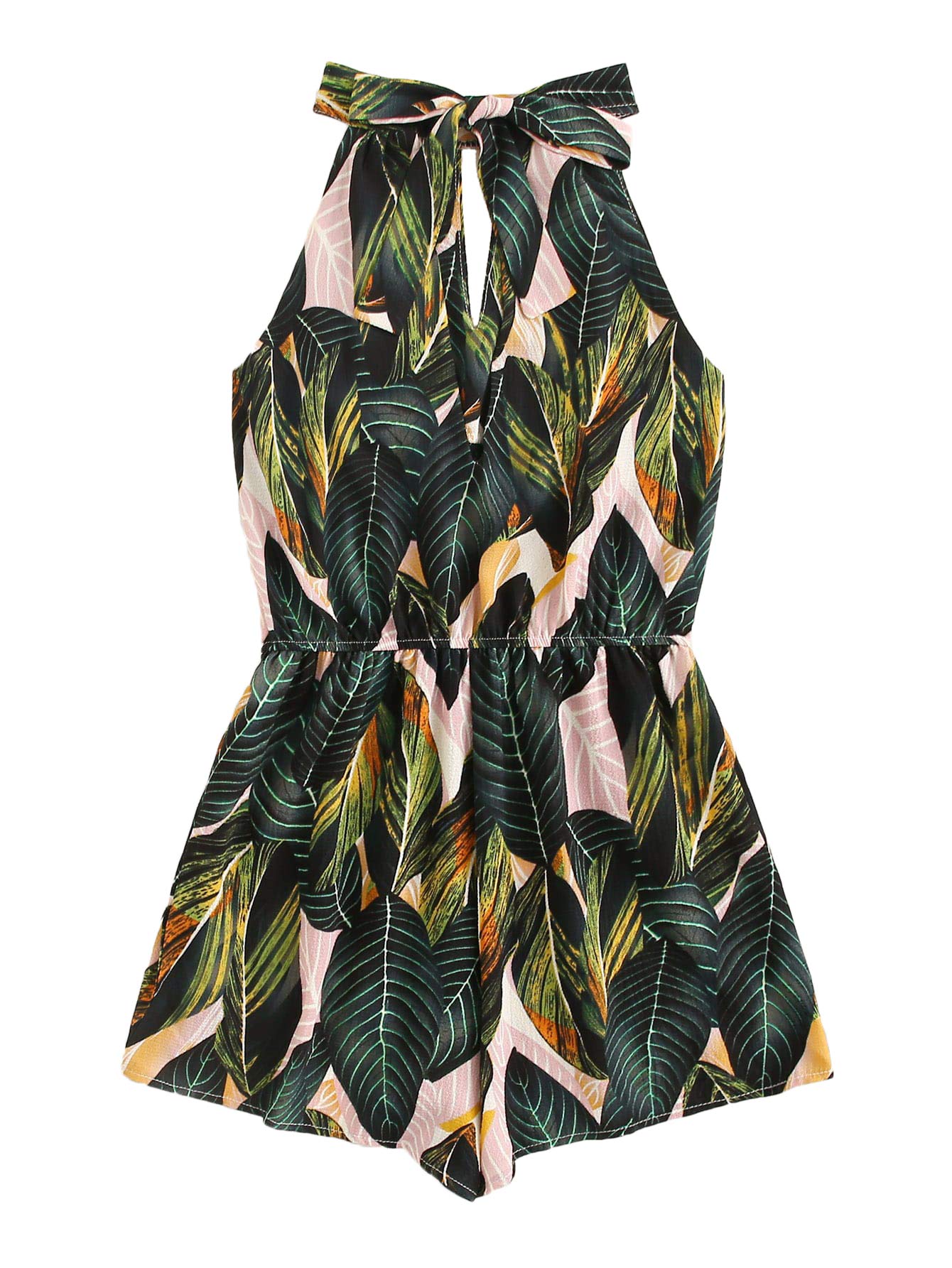 Shein Womens Tropical Floral Tie Back Belted Halter Romper Boho