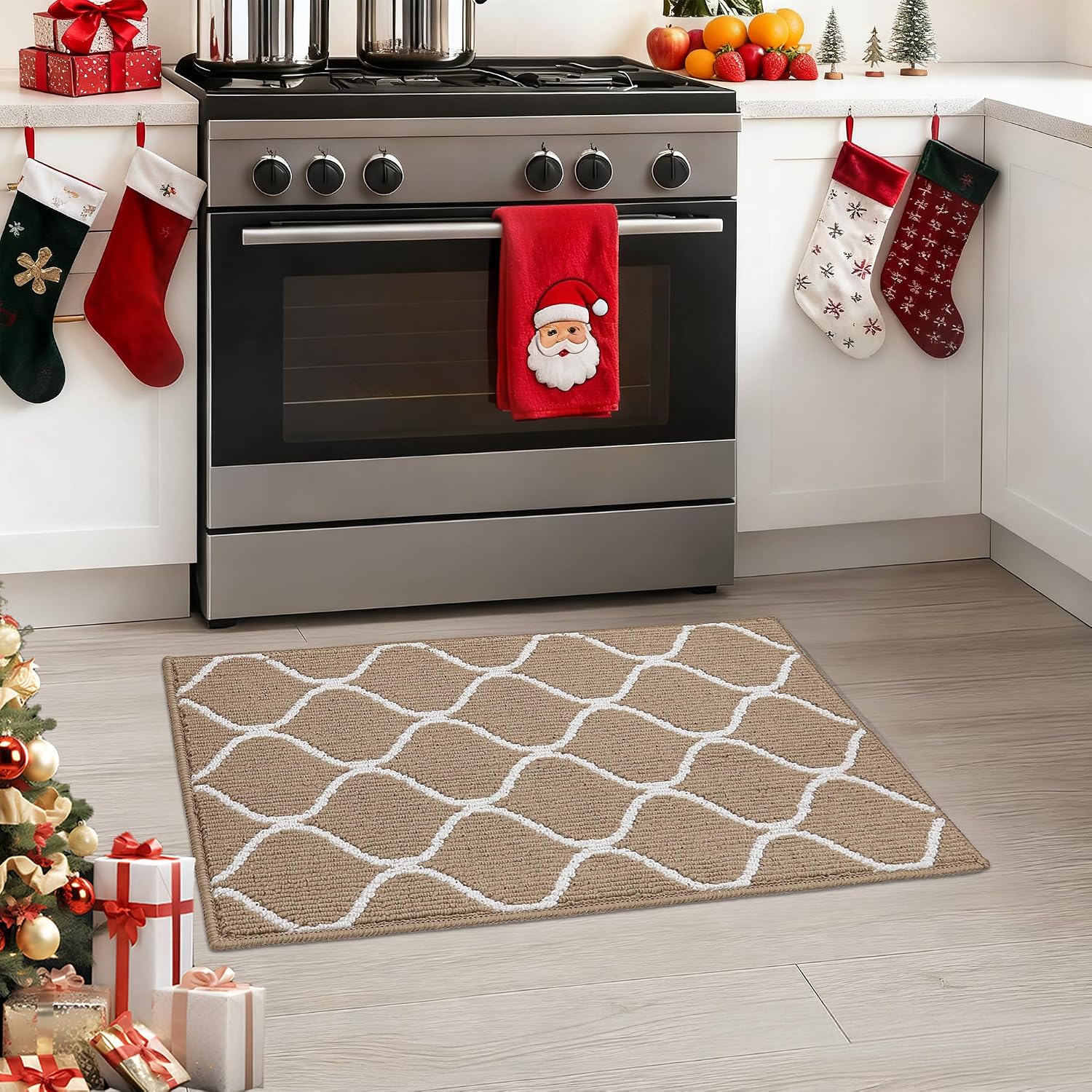 Cosy Homer Kitchen Rug Non-Slip 50 x 80 cm Beige Moroccan Diamond Pattern Non-Slip Washable Stain Resistant 100% Polypropylene Kitchen Runner for Hallway and Entrance