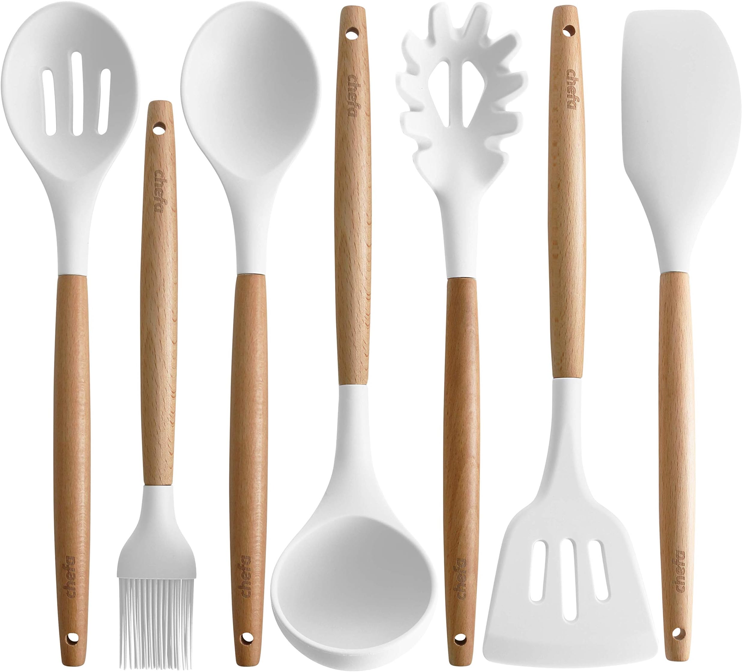 Silicone Cooking Utensils | Wooden Handle, Non-Stick Cookware Heat Resistant Kitchen Utensil Spatula, Slotted & Solid Spoon, Soup Ladle, Slotted Turner and Spaghetti Server - White