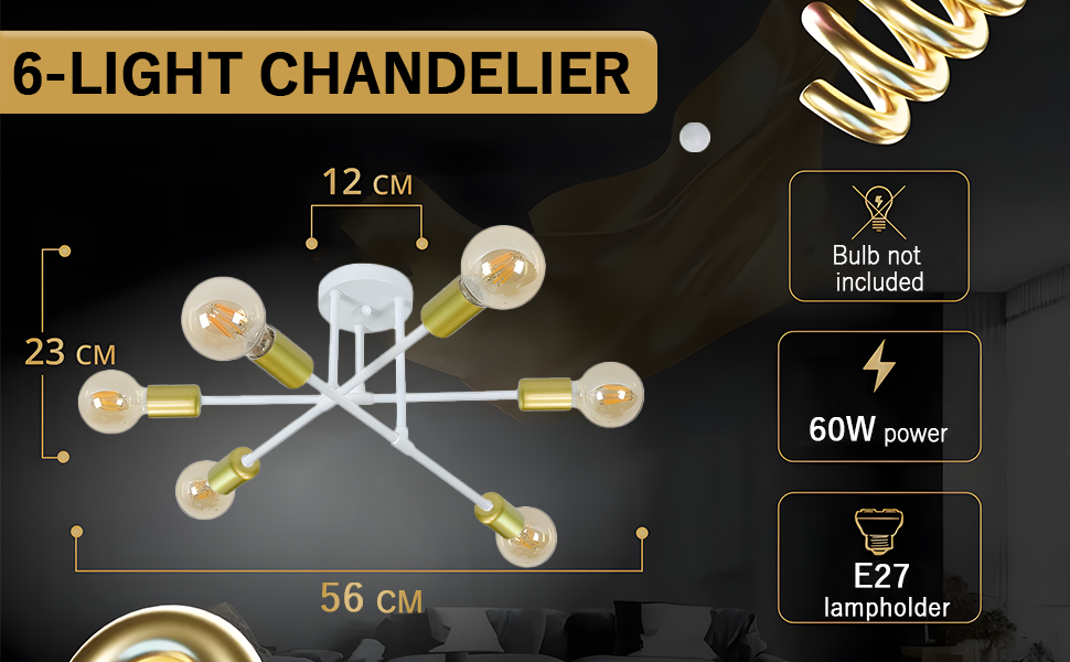 Lampadario Industriale A 6 Luci In Oro – Plafoniera Vintage E27 Per Soggiorno, Camera E Cucina, Bracci Regolabili, Adatto A Dimmer, 70 Cm Di Diametro