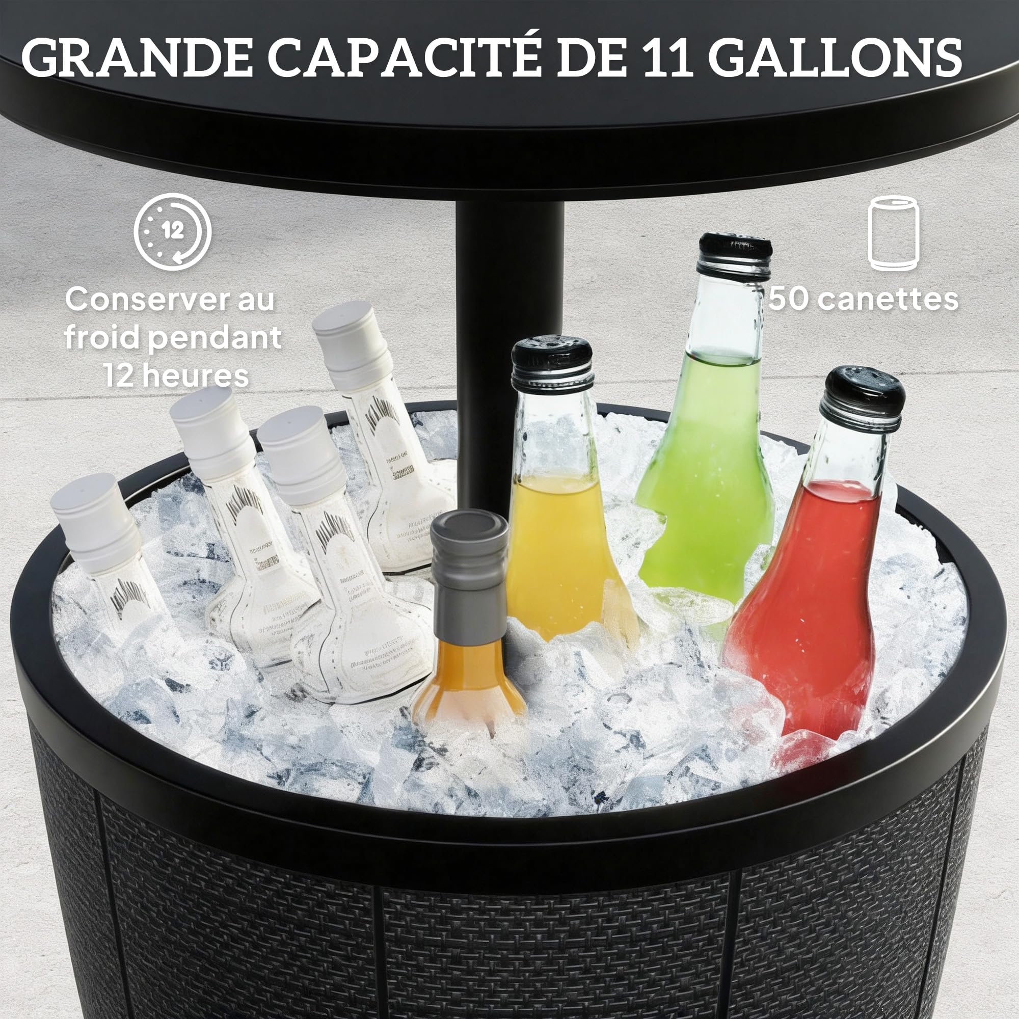 Outsunny Table à glacière 3 en 1, Table de Cocktail avec Seau à Glace, Plateau télescopique, pour bière, vin, Cocktails, Jardin, Ø 49 x 58-84 cm, Noir