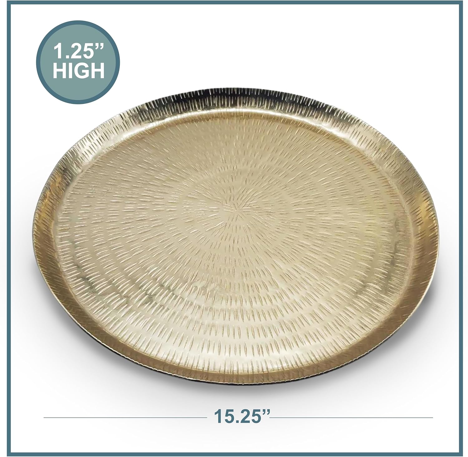 Hammered Brass Circular Tray with Raised Edge – Gold Color Large Round Festive Holiday Serving Dish Platter for Kitchen - Decorative Tray for Home Decor - Vintage Style Boho Decor - 15 in