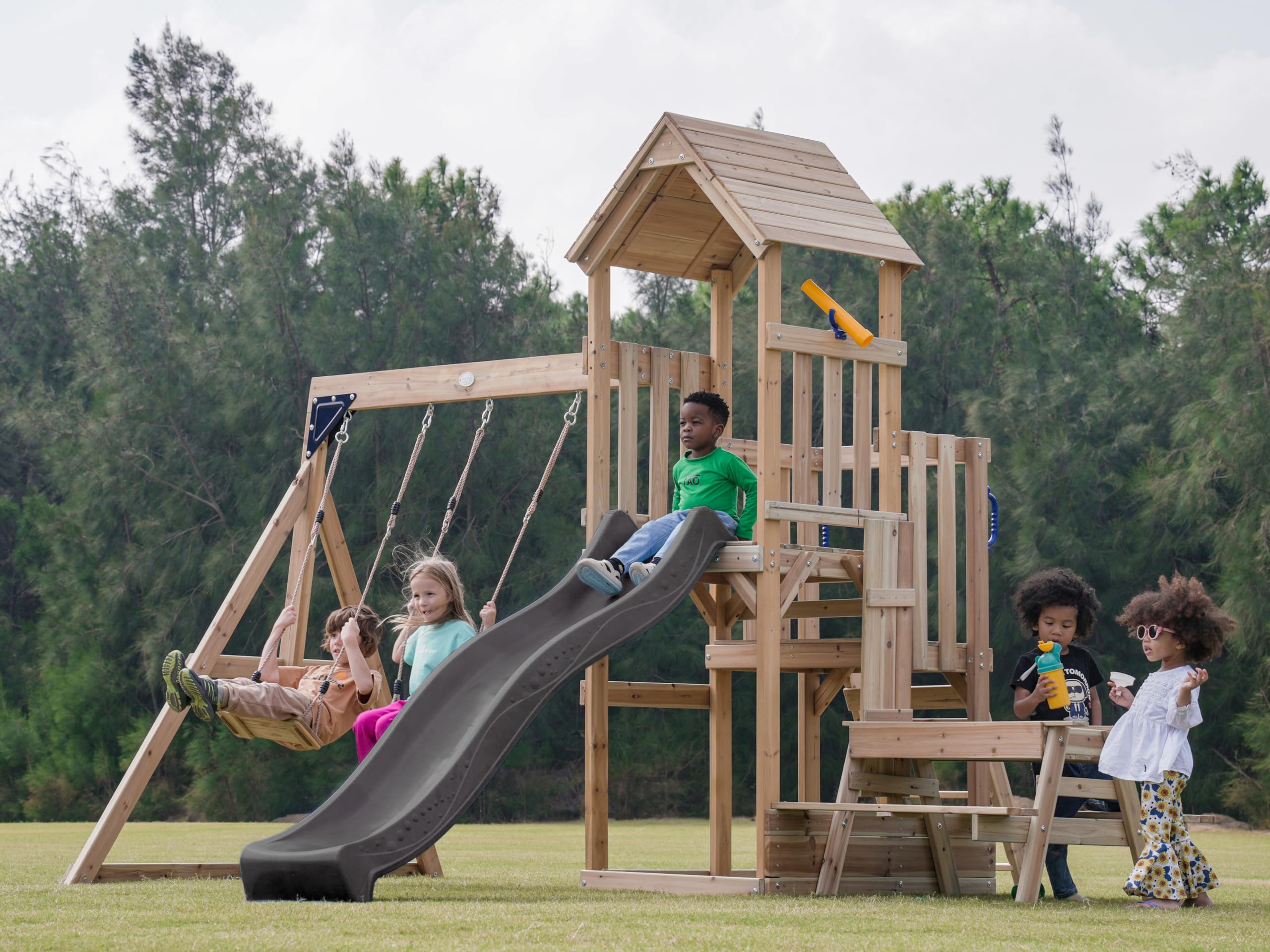 AXI Mette Aire De Jeux en Bois avec 2 Balançoires, Toboggan Gris, Table De Pique Nique/Aire De Jeux Extérieur avec Balançoires/Bac À Sable/Téléscope| Portique Balançoire/Jeux en Bois Extérieur
