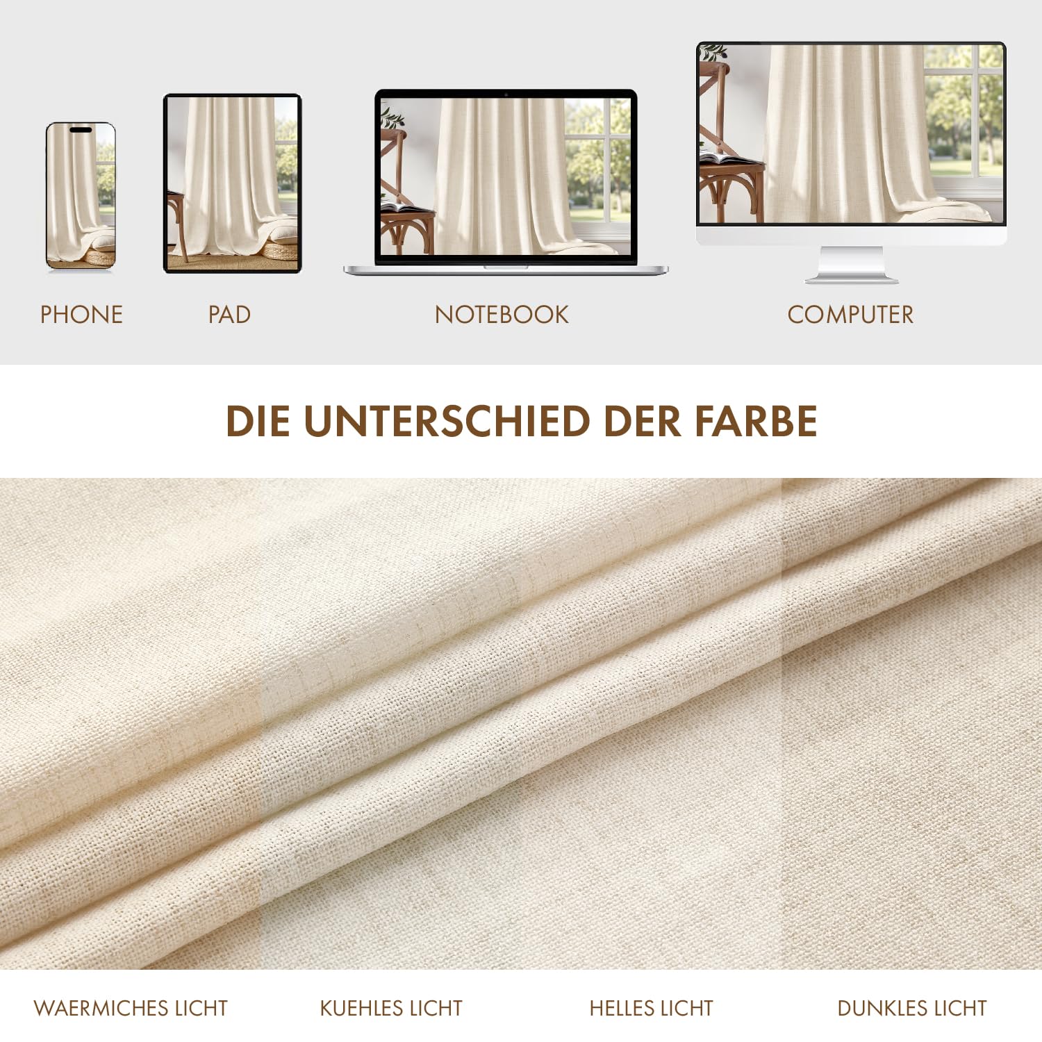 MIULEE Rideaux Aspect Lin Beige avec Ruban Lot de 2 140x260 cm | Tissu aspect lin semi-transparent pour salon et chambre; ruban pour une pose facile.