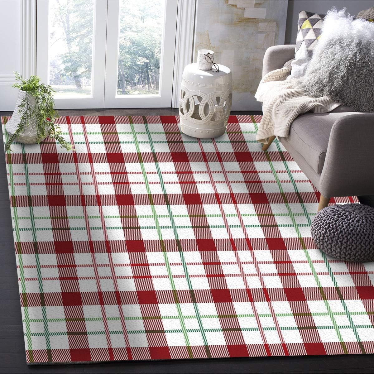 Savannan Area Rugs, Christmas Green Red White Plaid Buffalo Check Rectangle Floor Rugs Indoor Non-Slip Accent Rug for Living Room Bedroom Office Kids Room Nursery, 2'7"x5'