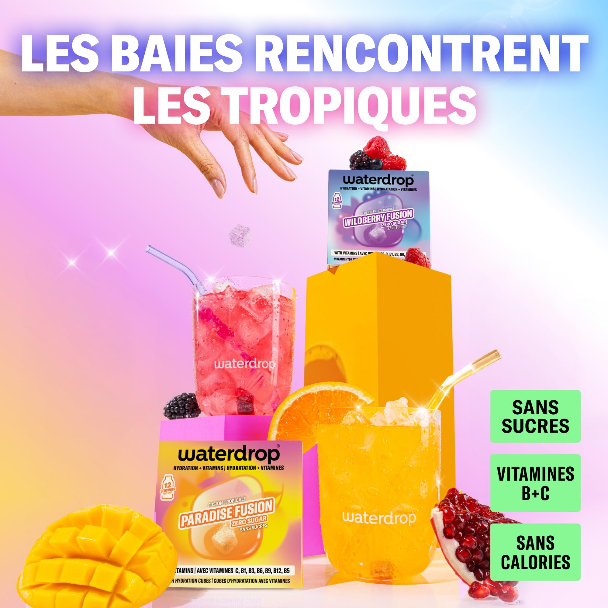 waterdrop® Coffret Fusion de Fruits Duo - 48 Pastilles d’Hydratation, Cubes de Boisson aux 2 Saveurs: Fusion Tropicale & Fusion Fruits Rouges, Eau Aromatisée Sans Sucre avec Vitamine C & B